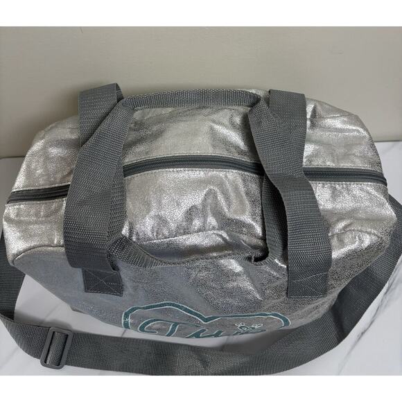 Justice Silver Metallic Duffel Bag "Live Justice" Heart Logo Gym Dance Bag Tween - Picture 4 of 8
